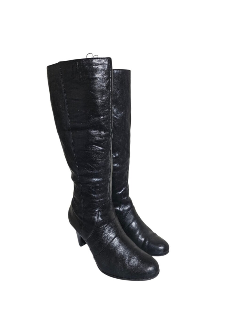Born Size 8.5  Black Leather Tall Knee High Boots Zipper Stack Heel